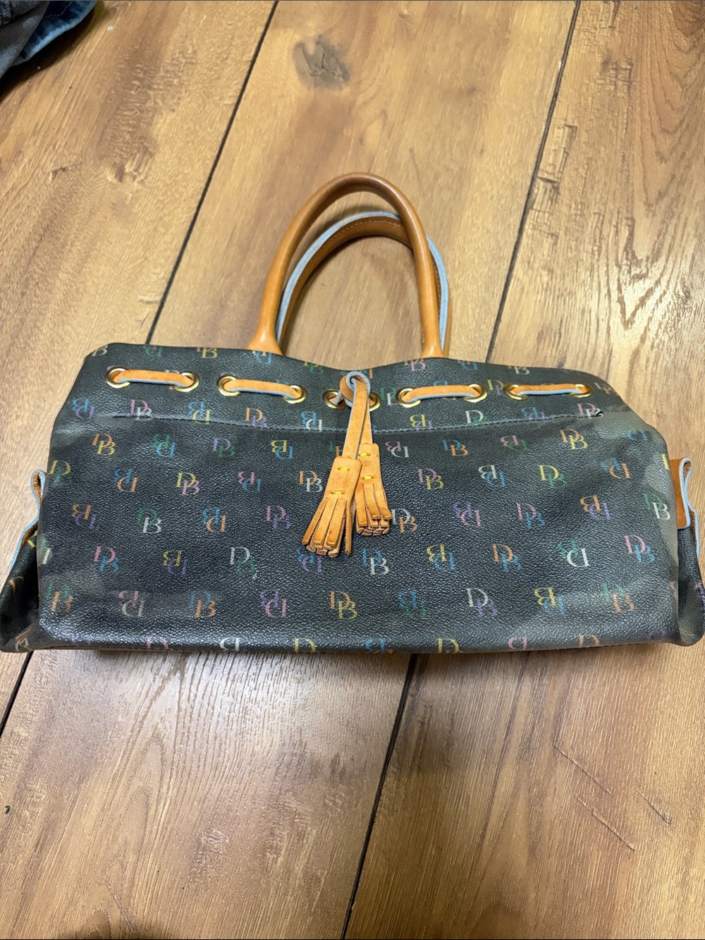 Dooney & Bourke Black Multicolor Monogram Tote with Tan Leather Trim